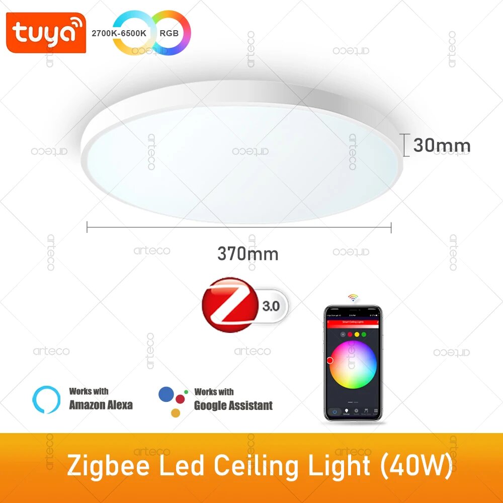 Умный потолочный светильник Arteco RGB CW+WW, Zigbee 40W, Белый