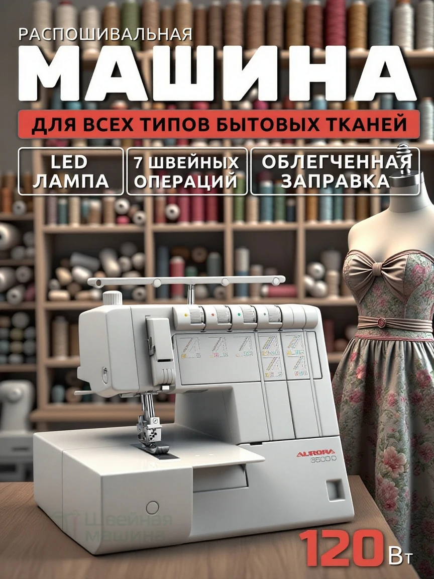 Распошивальная машина Aurora 3500D / для всех бытовых тканей / 2/3/4 ниточный