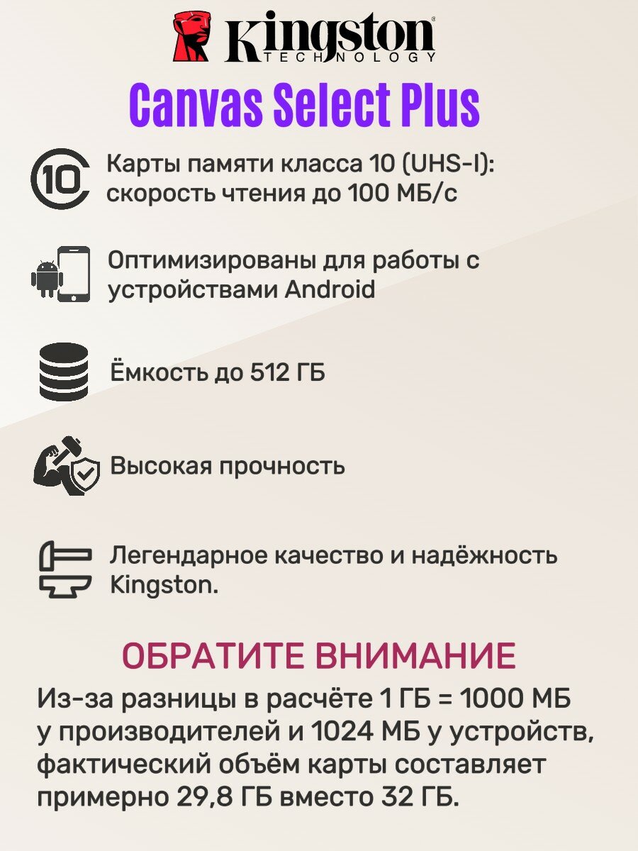 Карта памяти 32 гб micro sd 32GB Kingston Class 10 Canvas Select Plus A1 (100 Mb/s) без адаптера — фото 1