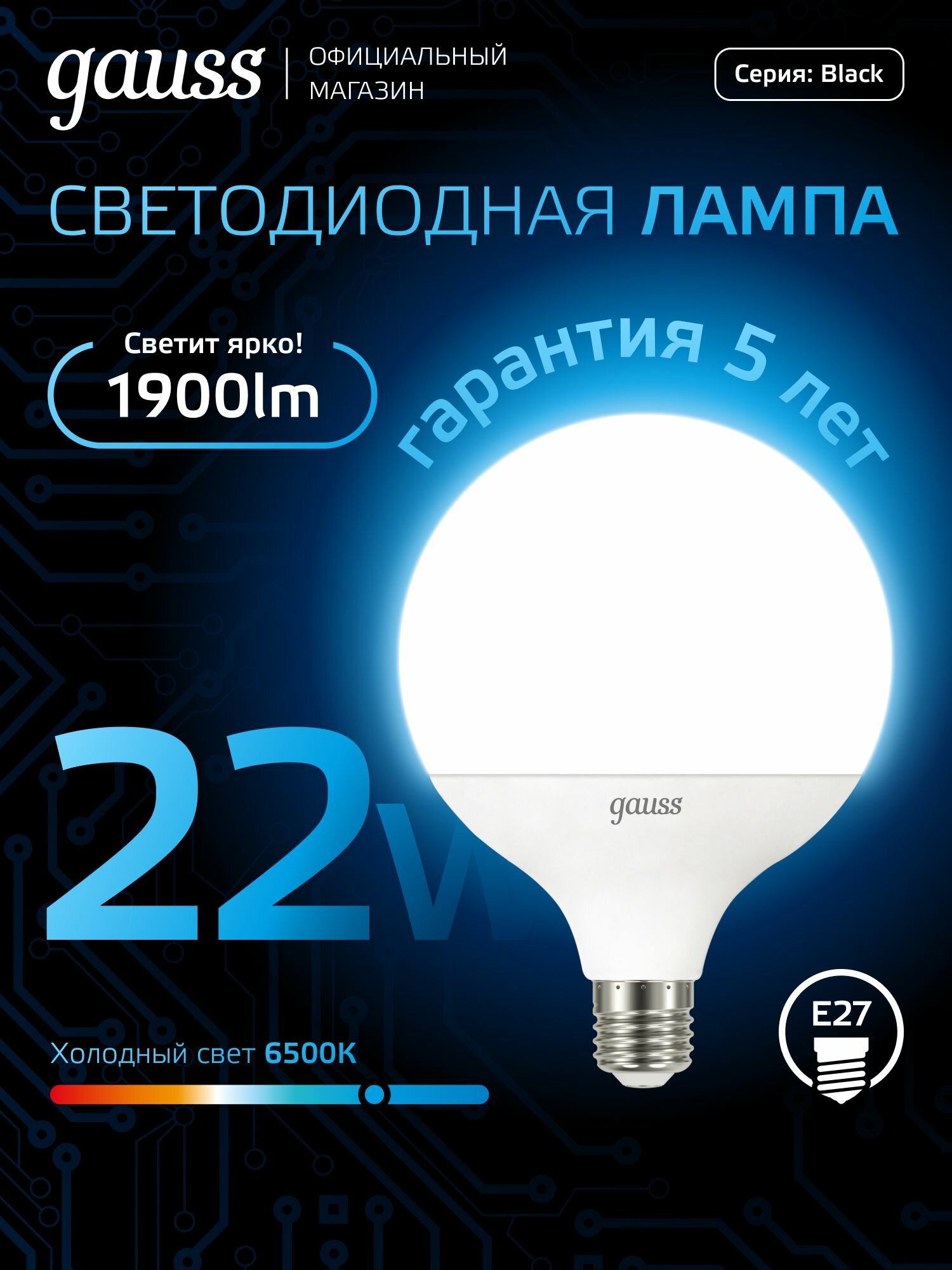 Лампочка светодиодная Е27 Шар G125 22W холодный свет 6500К Gauss Black
