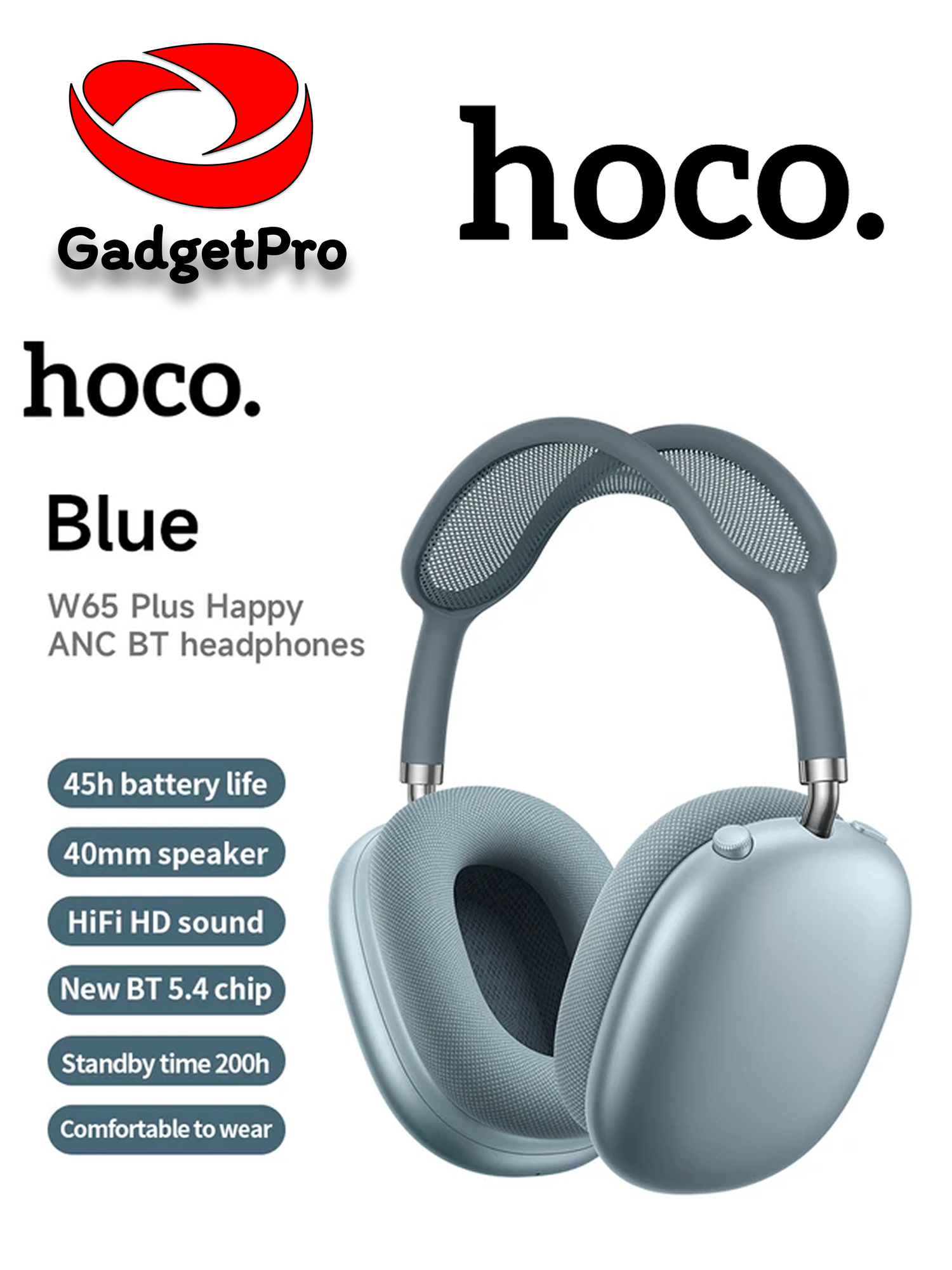 Наушники Hoco W65 Plus Happy ANC BT с активным шумоподавлением, 45 ч, Bluetooth 5.4 Голубой