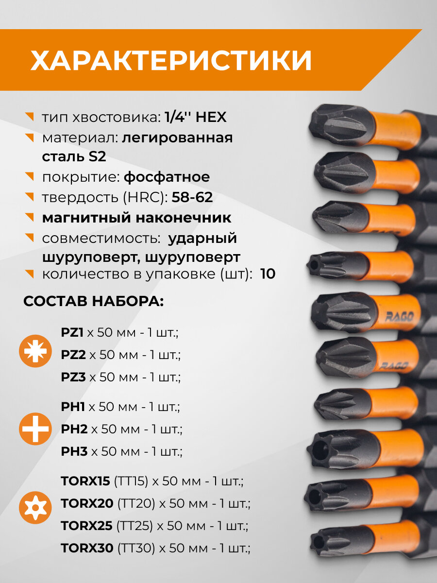 Набор бит торсионных IMPACT PH PZ TORX x 50 мм 10 шт RAGE by VIRA — фото 1