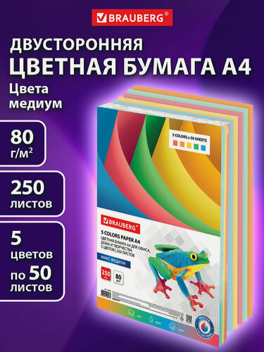 Изображение товара Бумага цветная для принтера офисная, Brauberg, А4, 80г/м2, 250л, (5 цветов х 50 л.), медиум, для офисной техники, 112465