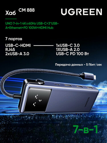 Изображение товара Хаб UGREEN CM888 (45155) UNO 7-in-1 4K@60Hz USB-C+3*USB-A+Ethernet+PD 100W+HDMI Hub. Цвет: серый