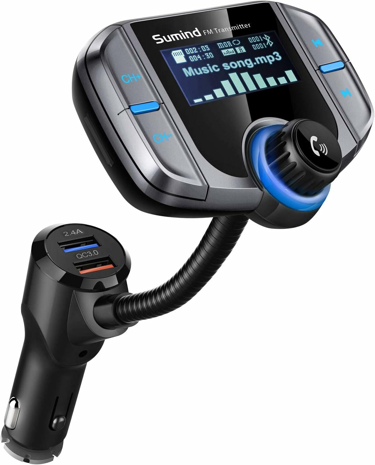 (Обновленная версия) Автомобильный Bluetooth FM-передатчик Sumind, беспроводной радиоадаптер, комплект громкой связи с 1,7-дюймовым дисплеем, QC3.0 и интеллектуальными USB-портами 2,4 А,