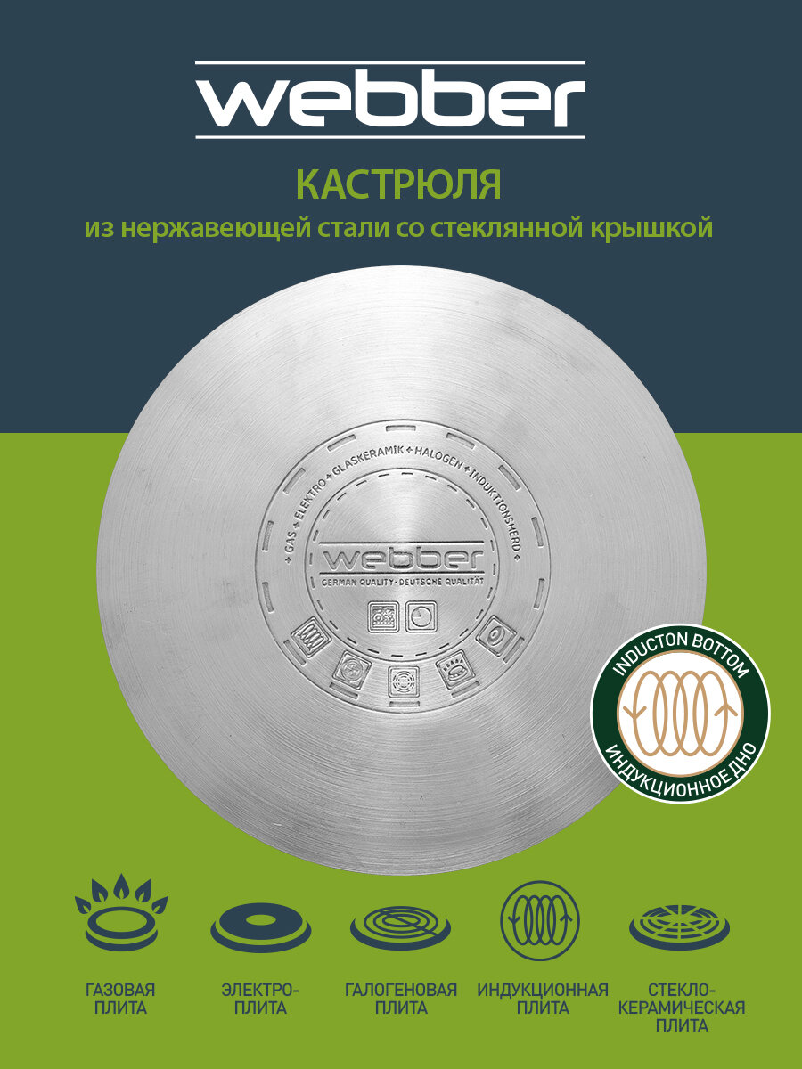 Кастрюля 10 литров, 24×21 см, из нержавеющей стали со стеклянной крышкой WEBBER BE-367/2 — фото 1