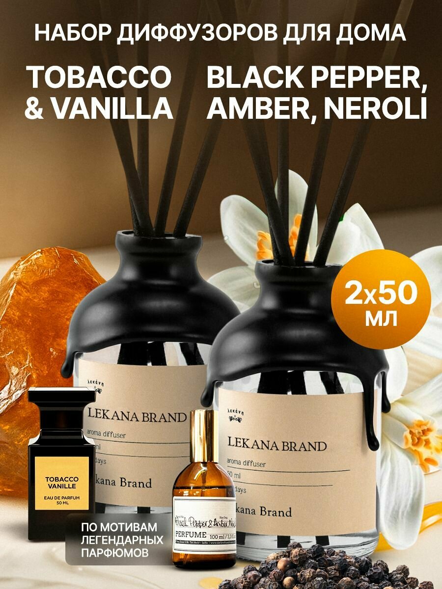 Диффузор для дома/ набор: Черный перец+ Табак&Ваниль 2 шт. по 50 мл Lekana Brand