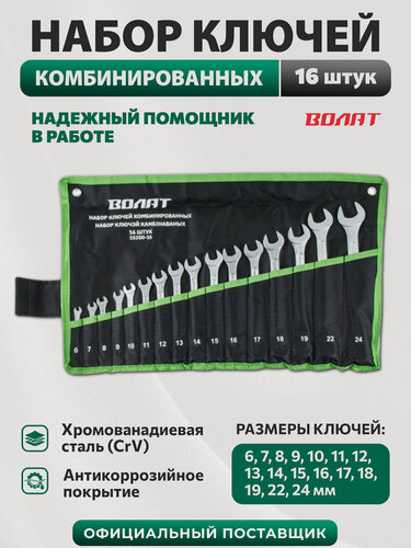 Изображение товара Набор комбинированных ключей Волат 15350-16, на полотне, 6-24мм, 16 штук