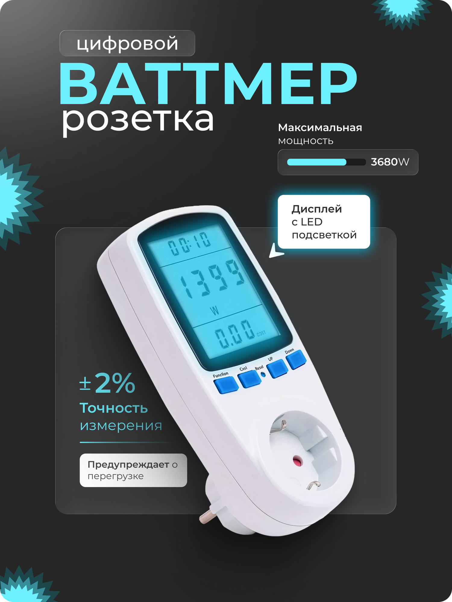 Ваттметр для бытовой электросети 220В 16А с подсветкой белый евровилка