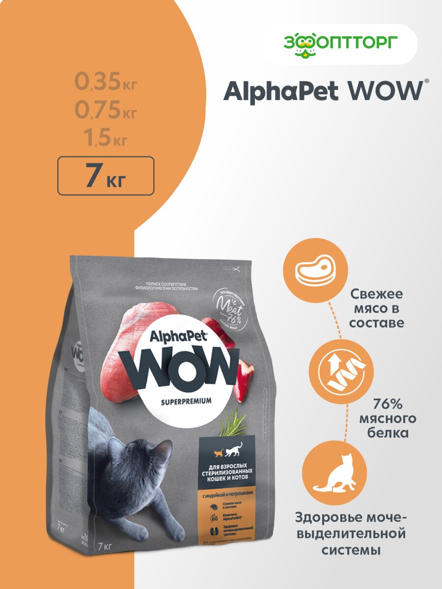Сухой корм AlphaPet WOW Superpremium для взрослых стерилизованных кошек и котов Индейка и потрошки, 7 кг.