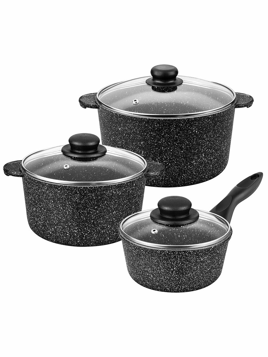 Набор 6 пр. Elan Gallery гармония вкуса Черный мрамор Ковш 1,2 л, Кастрюля 3 л, Кастрюля 4 л с крышками — фото 1