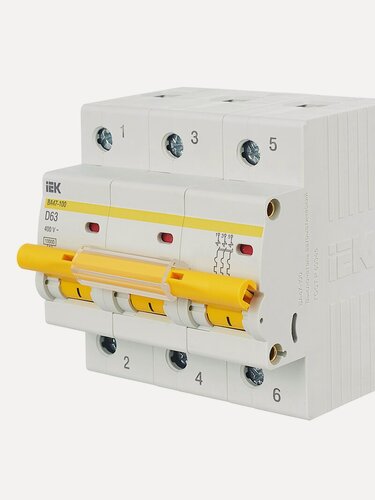 Изображение товара Автоматический выключатель IEK ВА47-100 3P D 63А, 10кА, 400В, термомагнитный расцепитель, IP20, на DIN-рейку