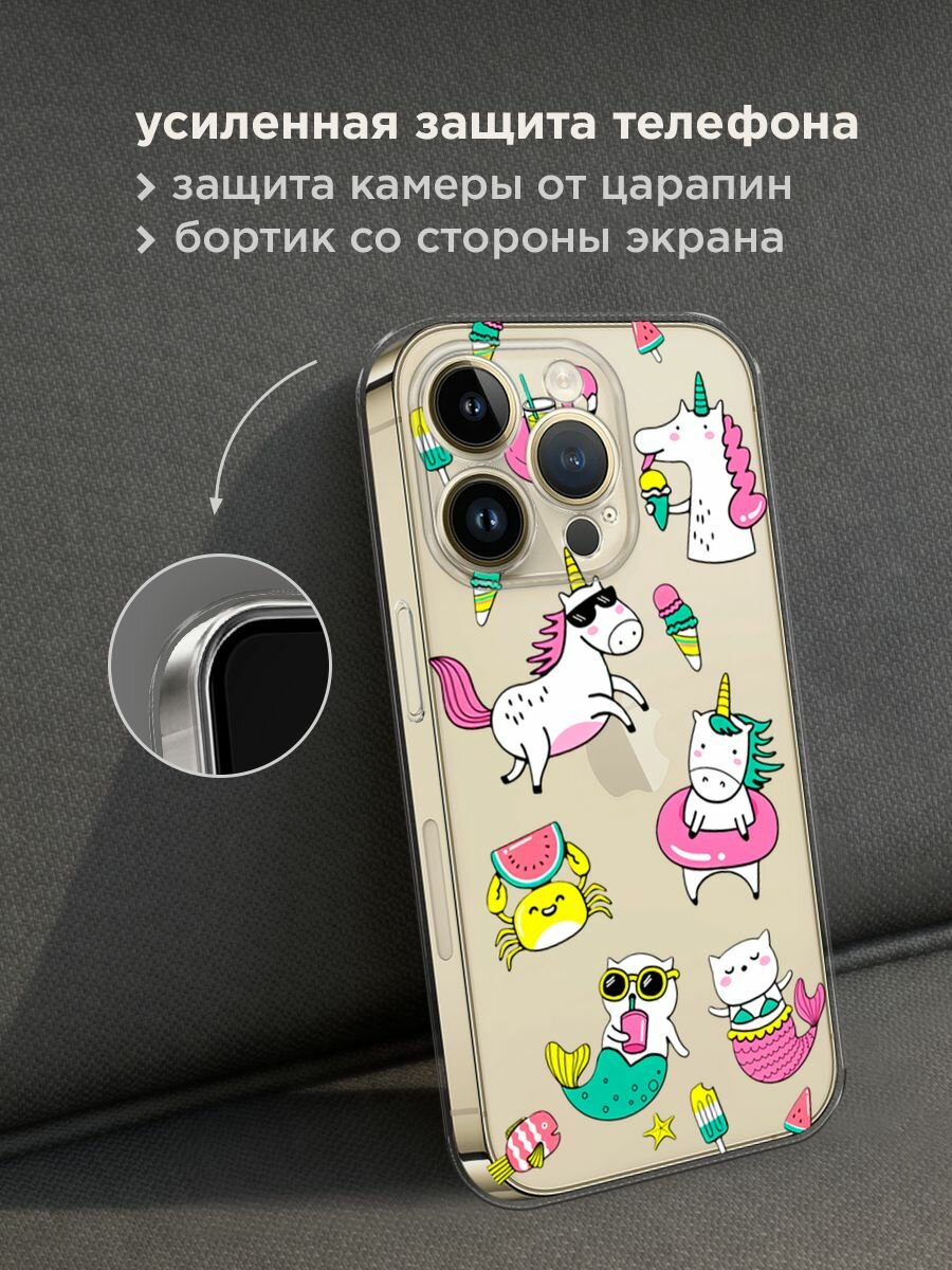 Чехол на Apple iPhone 14 Pro Max / Айфон 14 Про Макс с принтом "Единороги в отпуске", прозрачный — фото 1