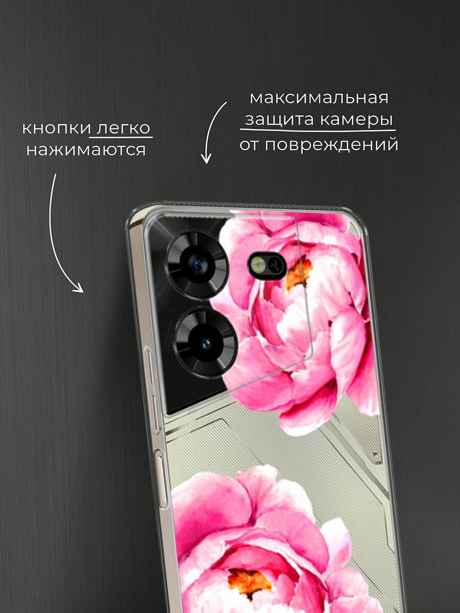 Чехол на Tecno Pova 5 / Техно Пова 5 с принтом "Open peonies", прозрачный — фото 1