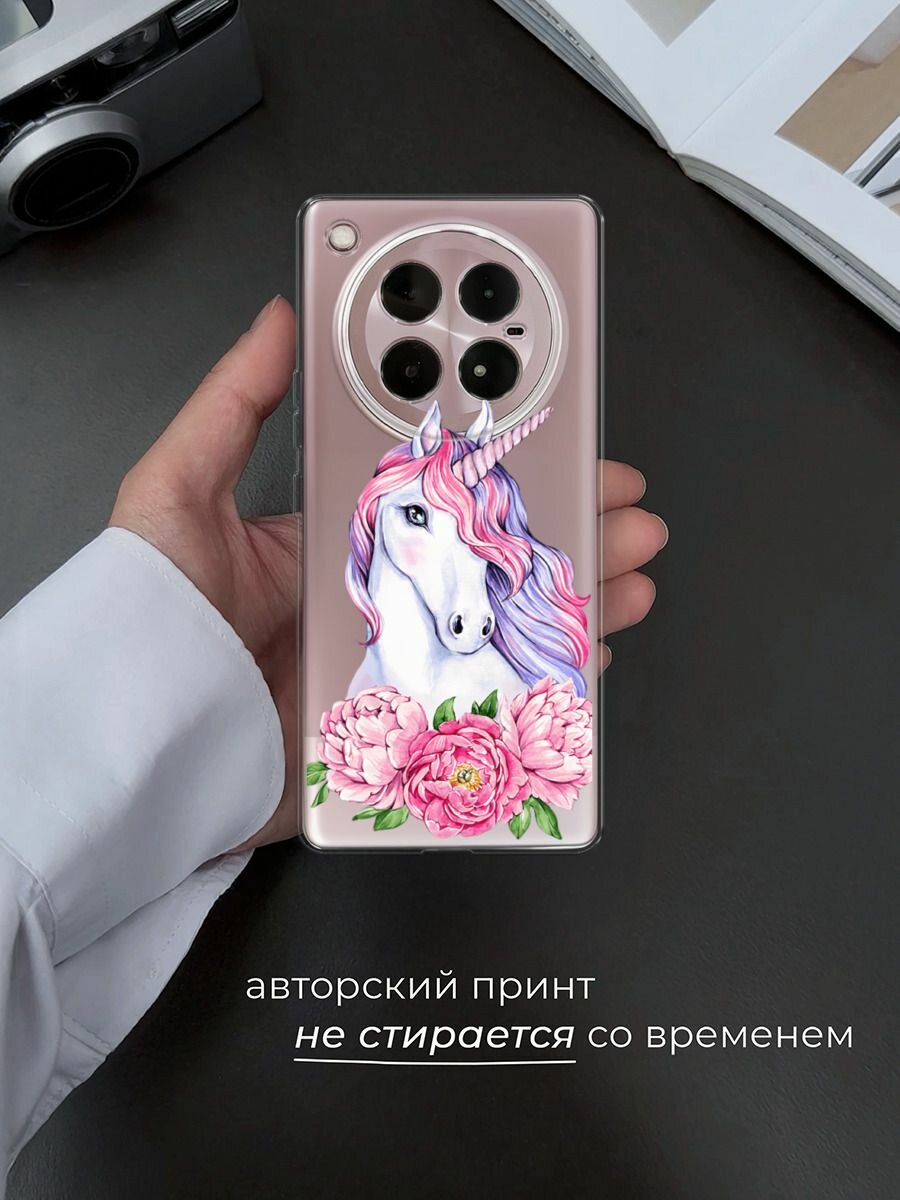 Чехол на Infinix Zero 40 4G / Инфиникс Зеро 40 4G с принтом "Единорог с пионами", прозрачный — фото 1