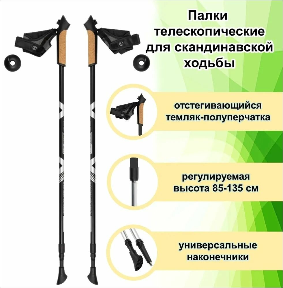 Палки для скандинавской ходьбы ECOS Nordic регулируемые 85-135см, двухсекционные, алюминиевые, 1пара — фото 1