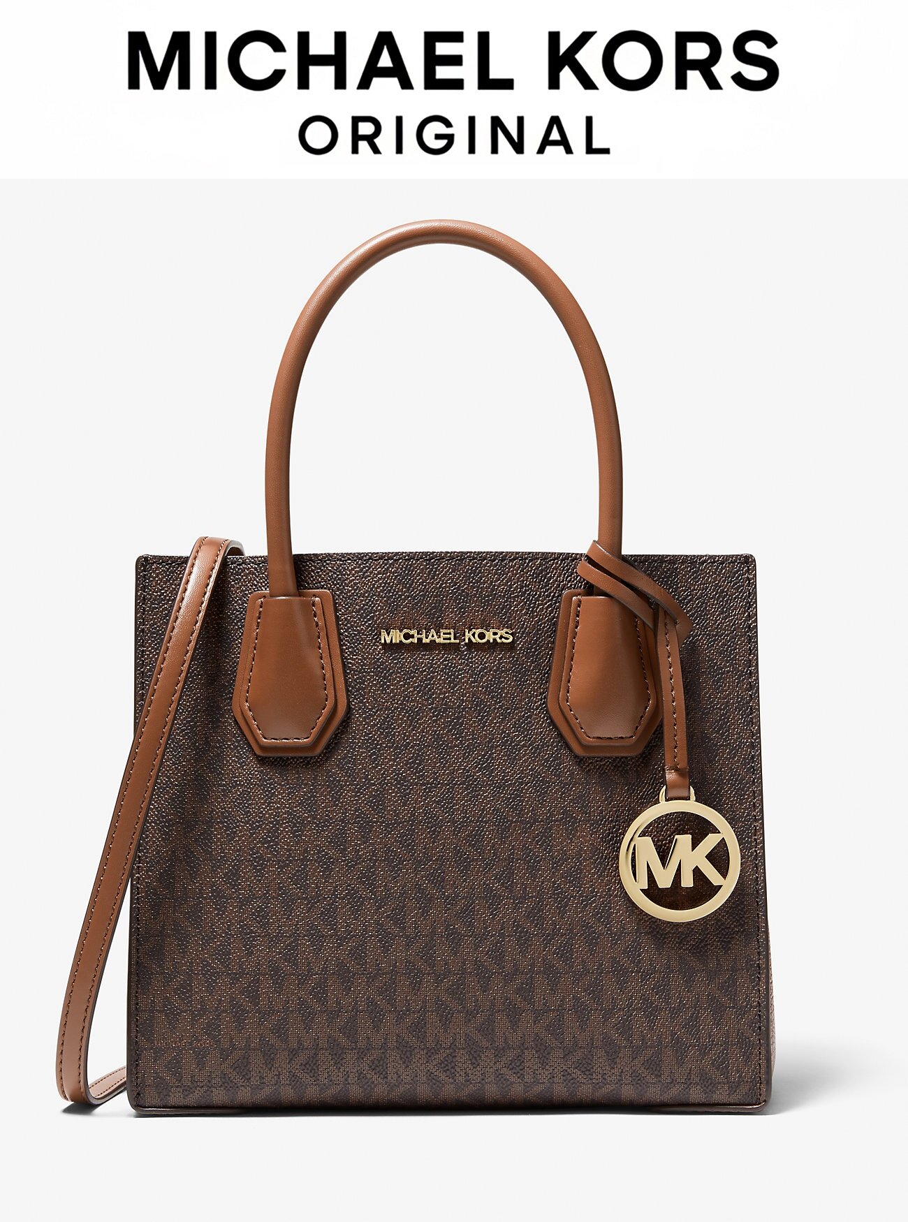 Сумка кросс-боди MICHAEL KORS Женская классическая сумка из оригинального материала "Canvas" c лого Michael Kors Logo Mercer Medium Logo and Leather Accordion Crossbody Bag Brown Gold 35S1GM9M2B 