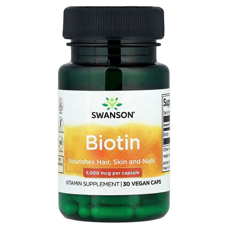 Swanson Биотин 5000 мкг для укрепления волос и улучшения кожи, 30 капсул — фото 1