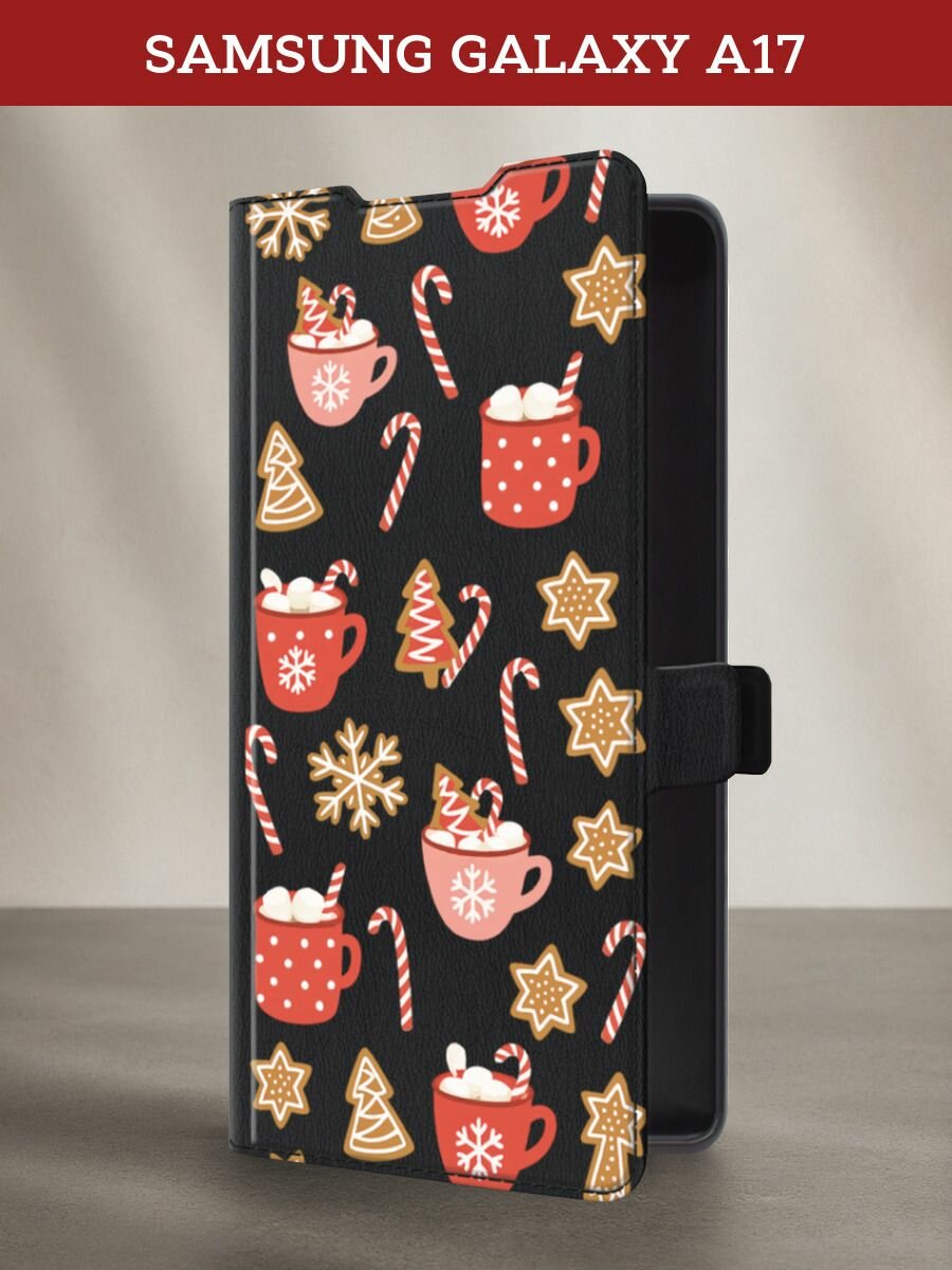 Чехол-книжка на Samsung Galaxy A17 / Самсунг А17 с рисунком Какао и маршмэллоу, черный