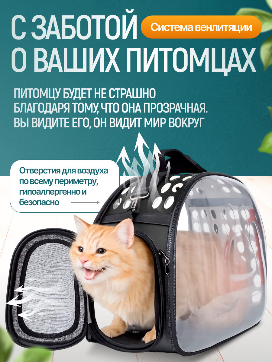 Переноска для кошек и собак сумка-переноска складная прозрачная для транспортировки животных черная — фото 1