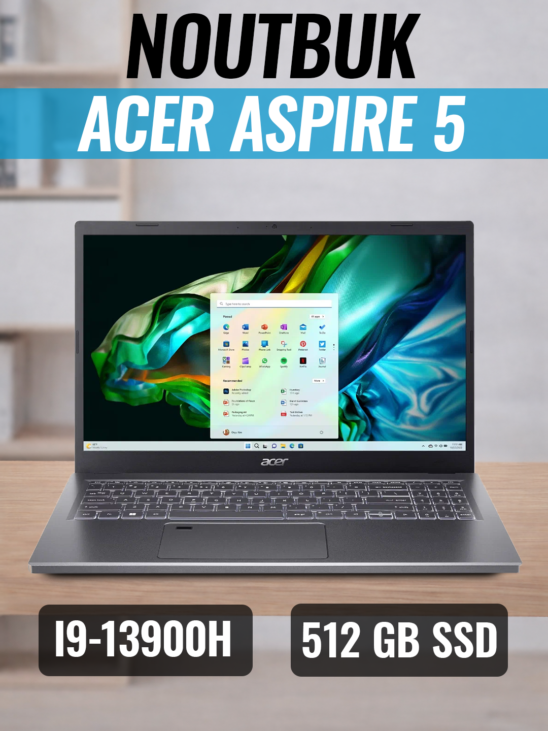 Ноутбук Acer Aspire 5, 15,6", i9-13900H, 16GB, 512GB SSD, Iris Xe, FHD, W11