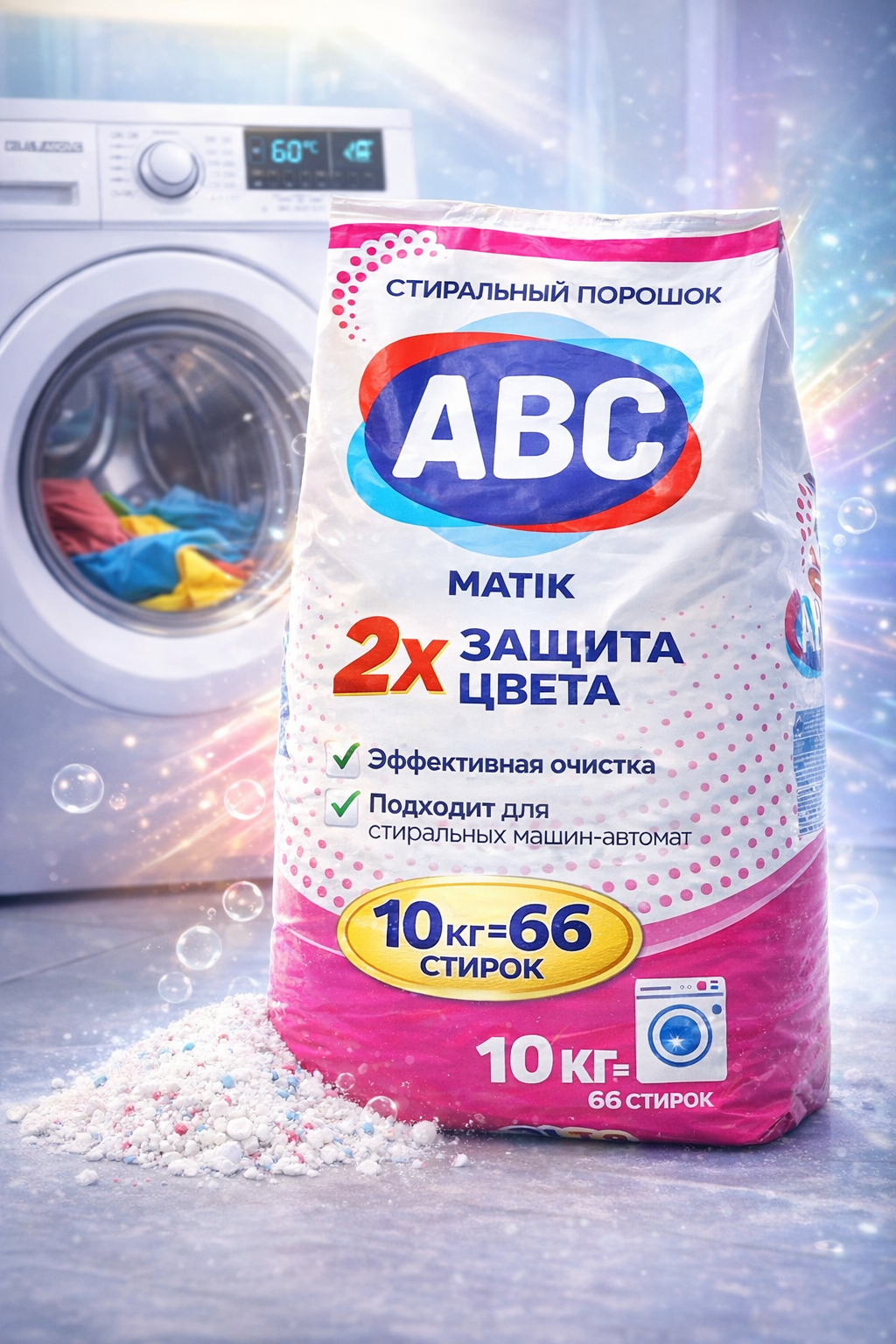 ABC Стиральный порошок Автомат 10 кг – Для Белого и Цветного Белья, С Ароматом, Экономичный Расход
