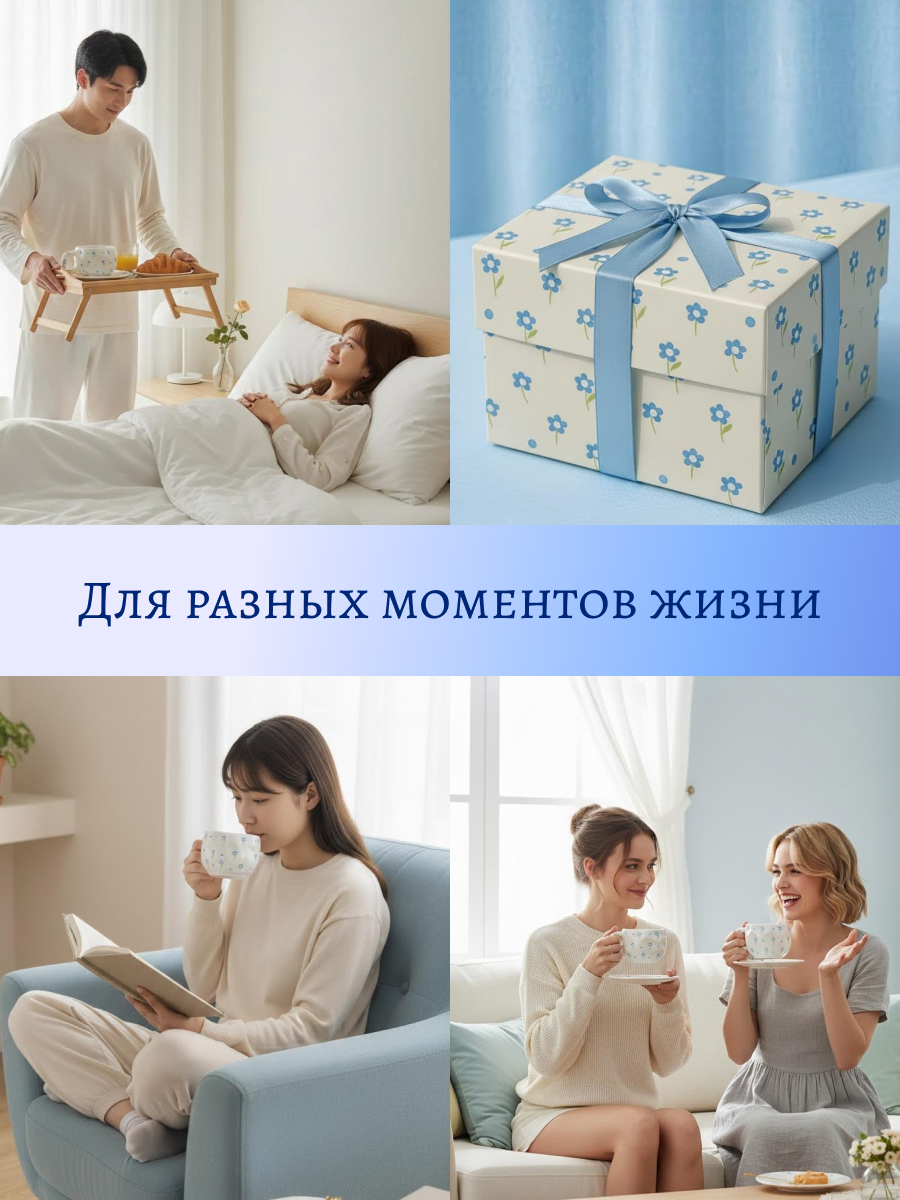 Чайная пара Perfula Home , "Васильки", 330 мл, фарфор, чашка, кружка, блюдце, подарок — фото 1