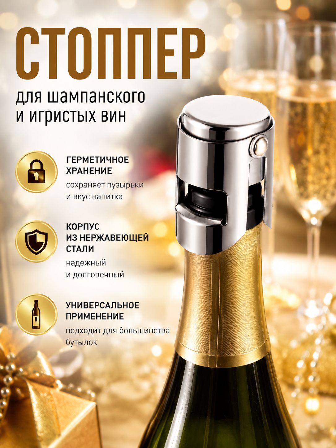 Пробка для шампанского, игристого красного и белого вина многоразовая