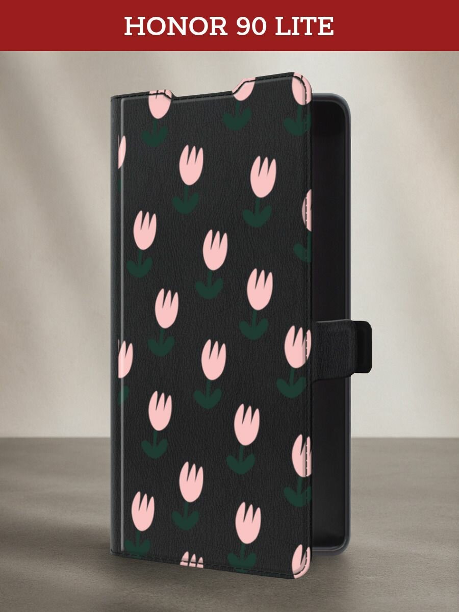 Чехол-книжка на Honor 90 Lite / Хонор 90 Лайт с принтом Тюльпатовый паттерн, черный