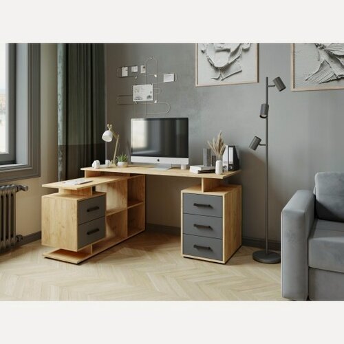 Изображение товара Стол компьютерный угловой Микон СКМУ-3 дуб крафт золотой/графит серый