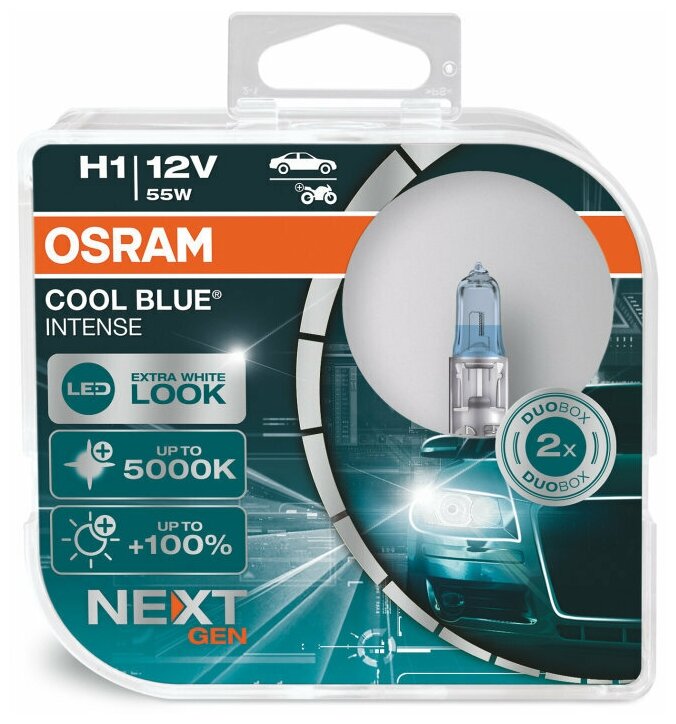 Лампа автомобильная галогеновая H1 OSRAM Cool Blue Intense Next 12V 55W P14.5s (комплект 2 шт.) 64150CBN-HCB