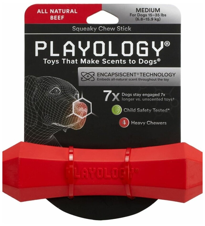 Игрушка Playology хрустящая жевательная палочка SQUEAKY CHEW STICK с ароматом говядины, средняя, красный - фотография № 2