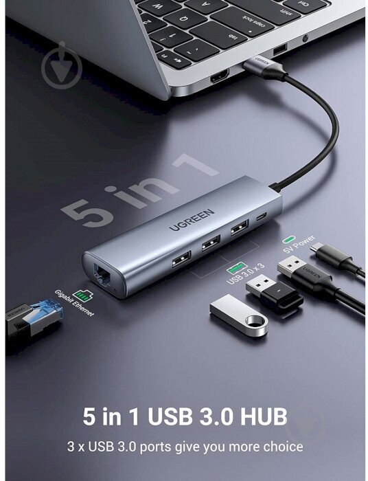 Хаб UGREEN CM266 (60812) USB-A 30 to 3 USB-A 30 + RJ45(Gigabit) порт для питания Micro USB Gray