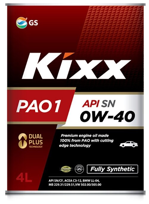 Синтетическое моторное масло Kixx PAO 1 SN/CF 0W-40, 4 л