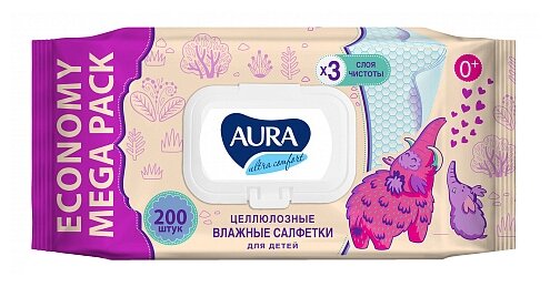 AURA ULTRA COMFORT Влажные салфетки для детей big-pack с крышкой 200шт