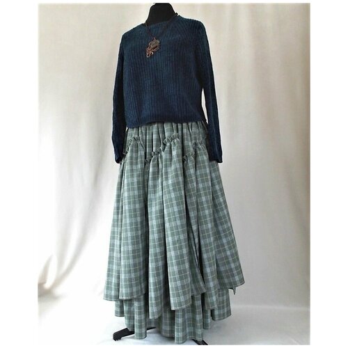 фото Юбка многоклинка, длинная, в стиле бохо. юбка в клетку хаки бохо-эклектика