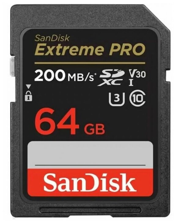 Карта памяти SanDisk SDXC Extreme Pro Class 10 UHS-I V30 U3 (200/90MB/s) 64GB