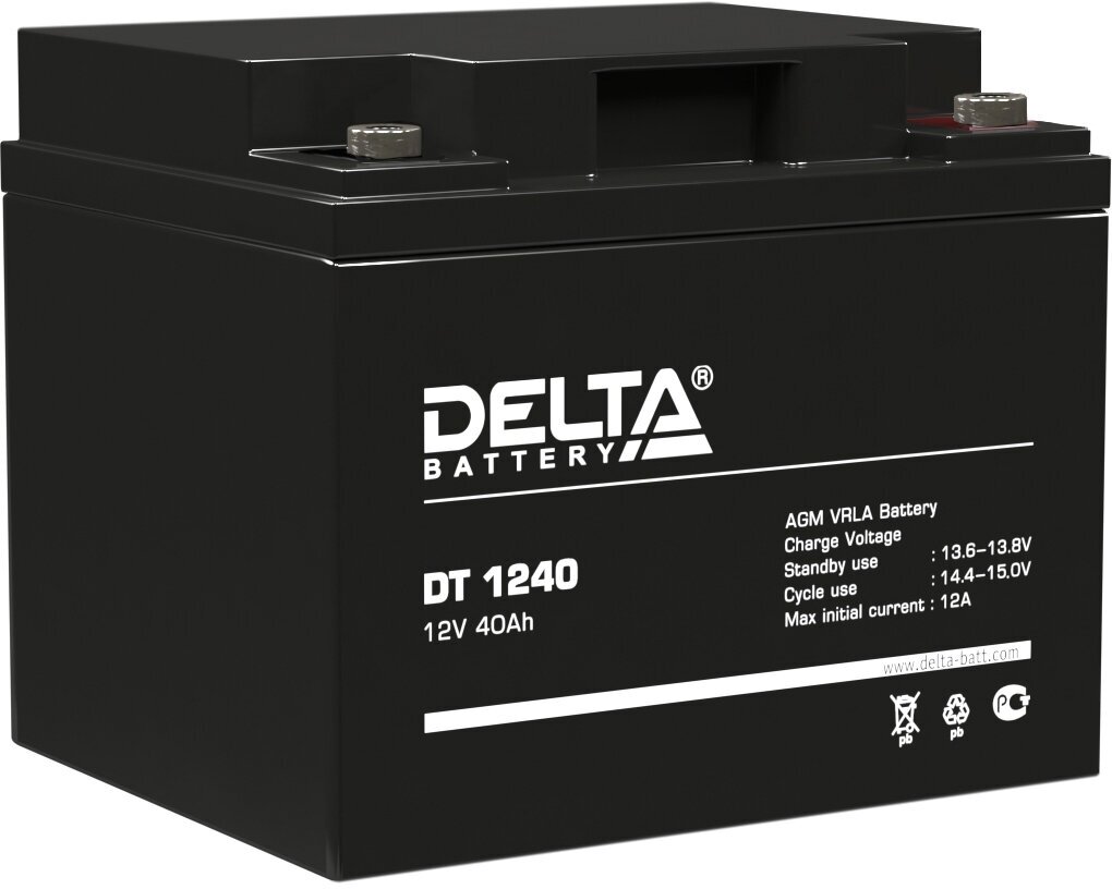Delta DT 1240 (12V / 40Ah) Батарея DELTA серия DT, DT 1240, напряжение 12В, емкость 40Ач (разряд 20 часов), макс. ток разряда (5 сек.) 530А