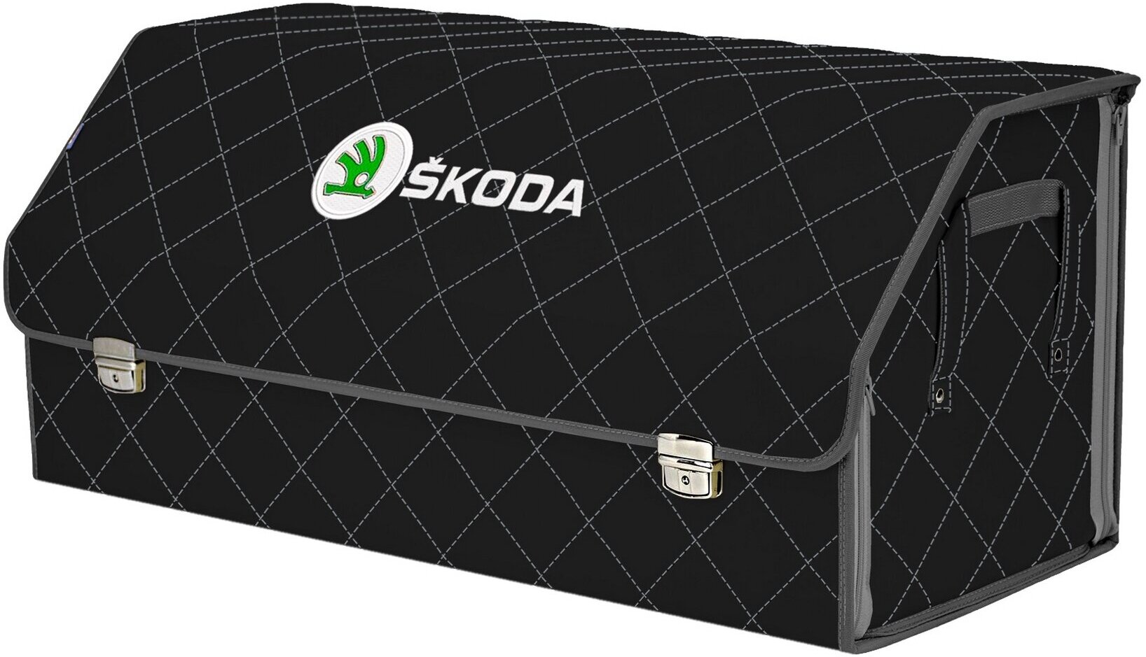 Органайзер-саквояж в багажник "Союз Премиум" (размер XXL). Цвет: черный с серой прострочкой Ромб и вышивкой Skoda (Шкода).