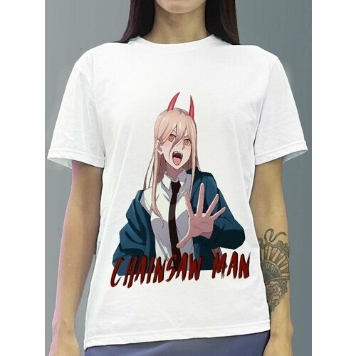 фото Футболка женская белая из хлопка с dtf принтом аниме chainsaw man - 338 будь на стиле