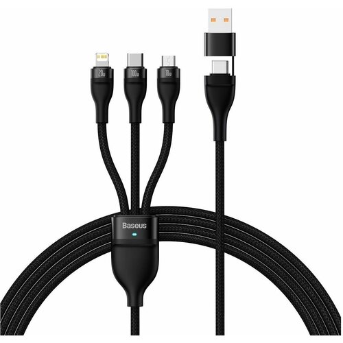 Кабель для быстрой зарядки Baseus Two-for-Three, (U+C) to microUSB 18W/Lightning 20W/Type-C 100W, 1.2m, Черный, CASS030101 кабель для быстрой зарядки baseus one for three type c to microusb 18w lightning 20w type c 100w 1 5m черный