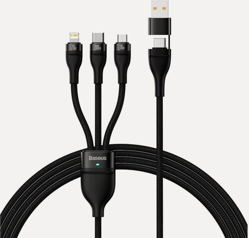 Изображение товара Кабель для быстрой зарядки Baseus Two-for-Three, (U+C) to microUSB 18W/Lightning 20W/Type-C 100W, 1.2m, Черный