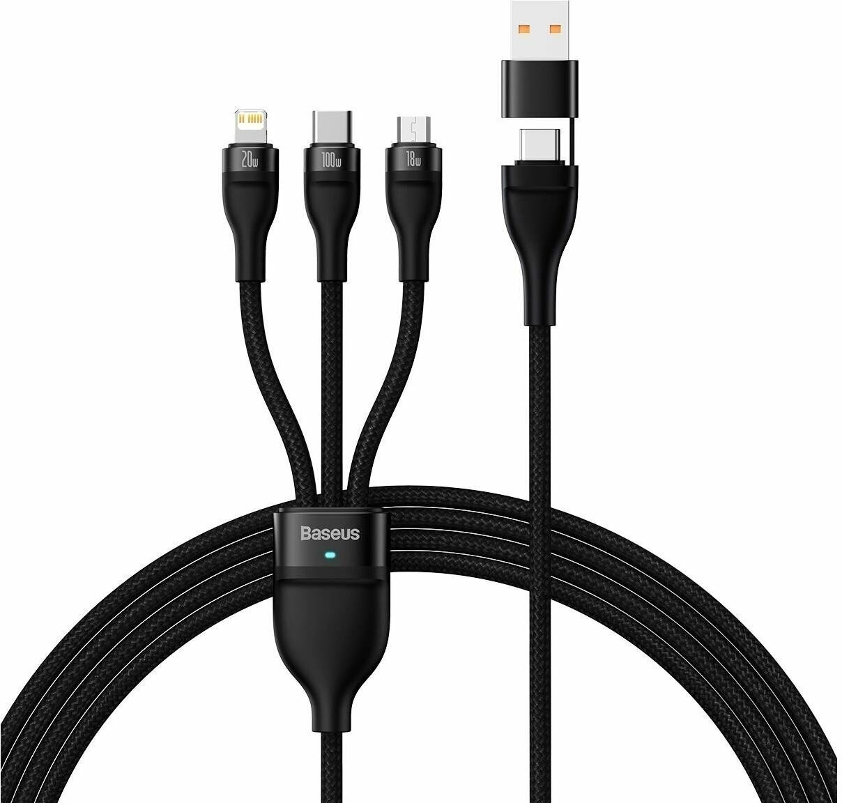 Кабель для быстрой зарядки Baseus Two-for-Three (U+C) to microUSB 18W/Lightning 20W/Type-C 100W 1.2m Черный CASS030101