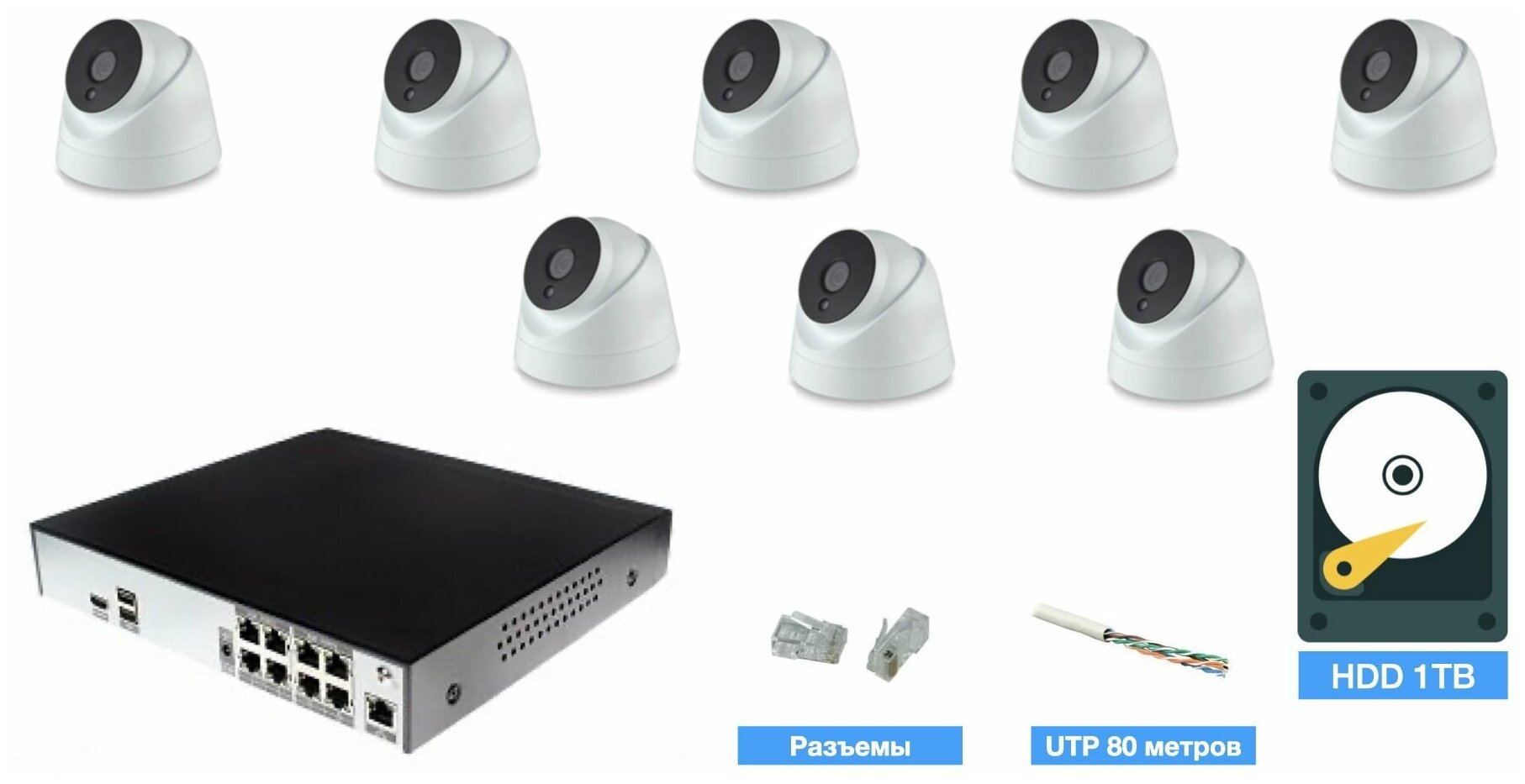 Полный IP POE комплект видеонаблюдения на 8 камер (KIT8IPPOE04M5B_HDD1TB_UTP-2)