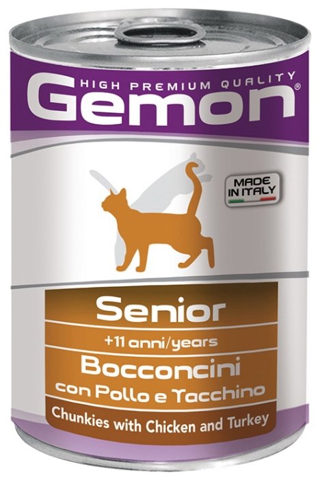 Gemon Cat консервы для пожилых кошек кусочки курицы с индейкой 415г - фотография № 1