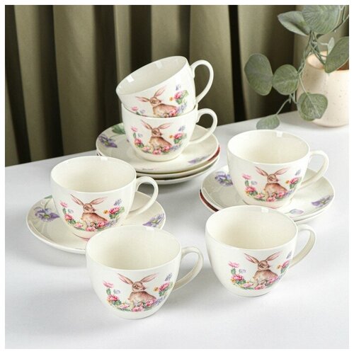 Сервиз чайный фарфоровый «Зайка», 12 предметов: 6 чашек 250 мл, 6 блюдец d=15 см, цвет белый