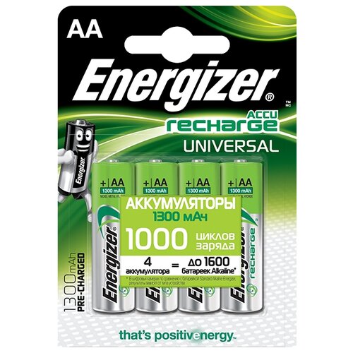 фото Аккумулятор ni-mh 1300 ма·ч energizer accu recharge universal aa, 4 шт.