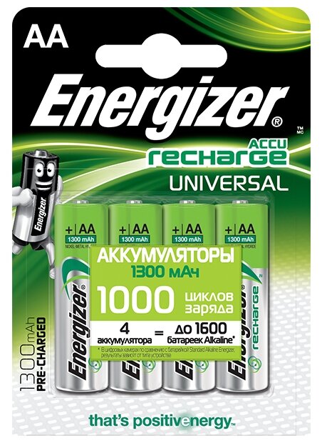 Аккумулятор Ni-Mh 1300 мА·ч 1.2 В Energizer Accu Recharge Universal AA, в упаковке: 4 шт.