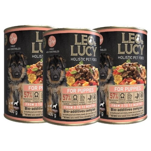 LEO&LUCY Консервированный корм для щенков Holistic мясное асс-ти с овощами, паштет, биодобавки, 400гр * 3шт