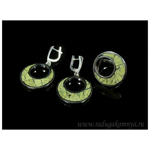 Комплект бижутерии: кольцо, серьги, змеевик, размер кольца 20, черный, зеленый